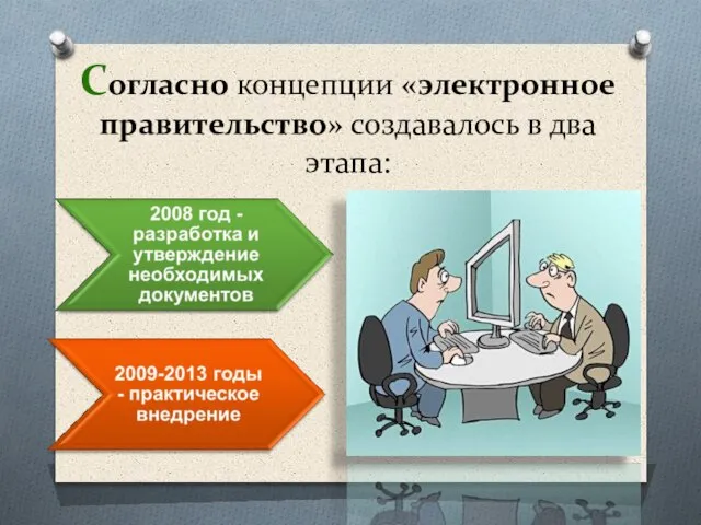 Согласно концепции «электронное правительство» создавалось в два этапа: