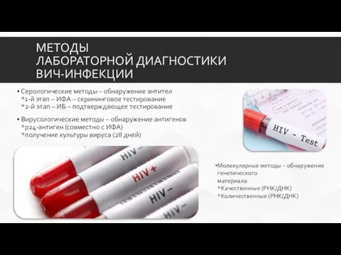 МЕТОДЫ ЛАБОРАТОРНОЙ ДИАГНОСТИКИ ВИЧ-ИНФЕКЦИИ Серологические методы – обнаружение антител *1-й этап –