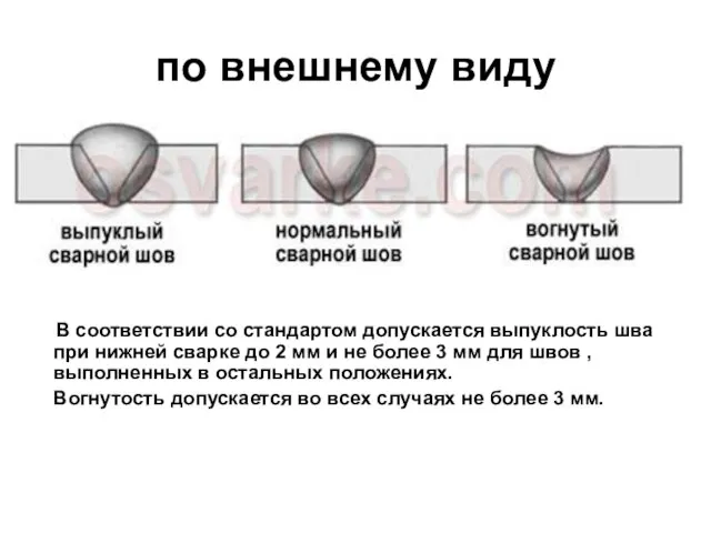 по внешнему виду В соответствии со стандартом допускается выпуклость шва при нижней