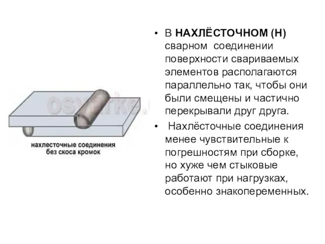 В НАХЛЁСТОЧНОМ (Н) сварном соединении поверхности свариваемых элементов располагаются параллельно так, чтобы