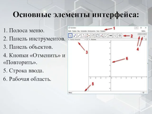 Основные элементы интерфейса: 1. Полоса меню. 2. Панель инструментов. 3. Панель объектов.