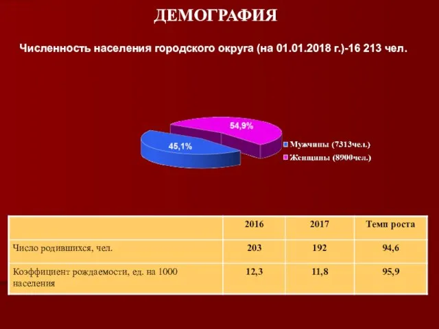 ДЕМОГРАФИЯ Численность населения городского округа (на 01.01.2018 г.)-16 213 чел.