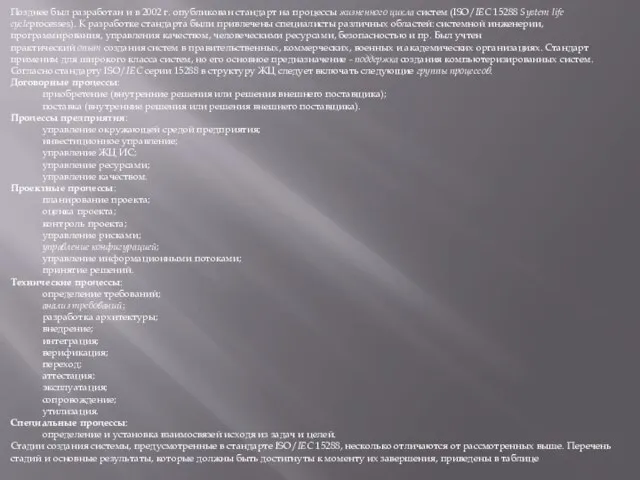 Позднее был разработан и в 2002 г. опубликован стандарт на процессы жизненного