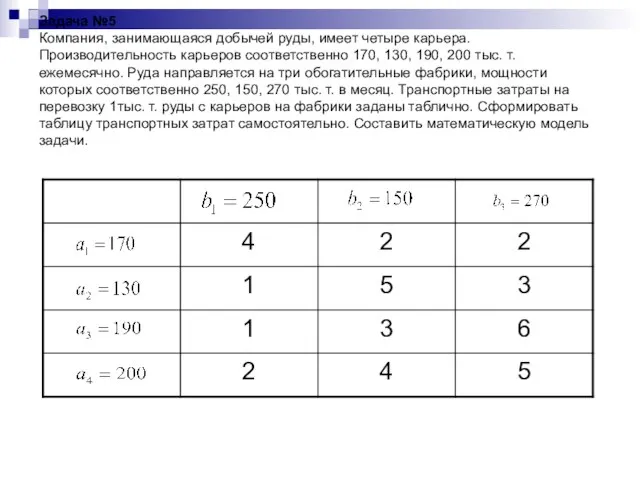 Задача №5 Компания, занимающаяся добычей руды, имеет четыре карьера. Производительность карьеров соответственно