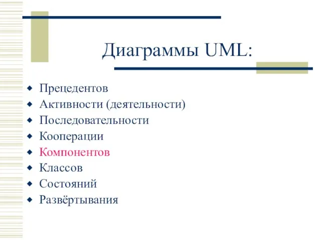Диаграммы UML: Прецедентов Активности (деятельности) Последовательности Кооперации Компонентов Классов Состояний Развёртывания