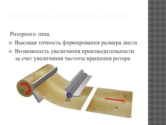 НОЖНИЦЫ ДЛЯ РУБКИ ШПОНА. Роторного типа. Высокая точность формирования размера листа Возможность