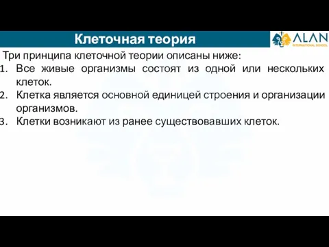 Клеточная теория Три принципа клеточной теории описаны ниже: Все живые организмы состоят