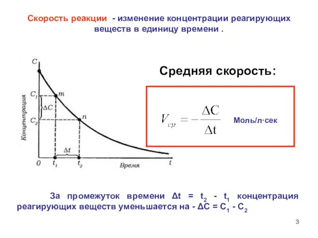 Скорость реакции - изменение концентрации реагирующих веществ в единицу времени . За