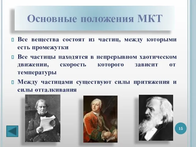 Основные положения МКТ Все вещества состоят из частиц, между которыми есть промежутки