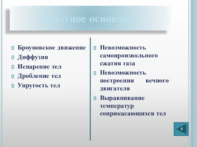 Опытное основание Броуновское движение Диффузия Испарение тел Дробление тел Упругость тел Невозможность