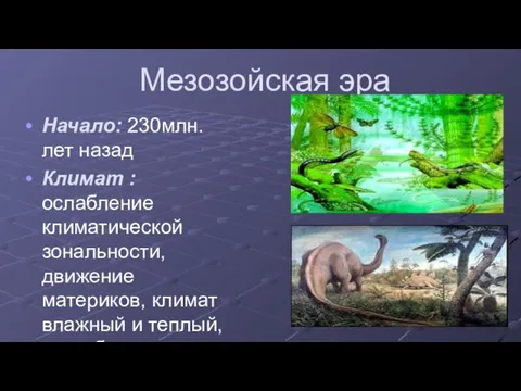 Мезозойская эра Начало: 230млн. лет назад Климат : ослабление климатической зональности, движение