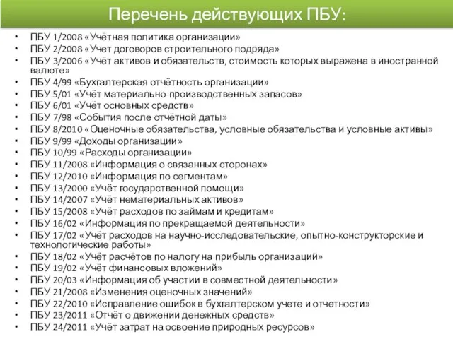 Перечень действующих ПБУ: ПБУ 1/2008 «Учётная политика организации» ПБУ 2/2008 «Учет договоров