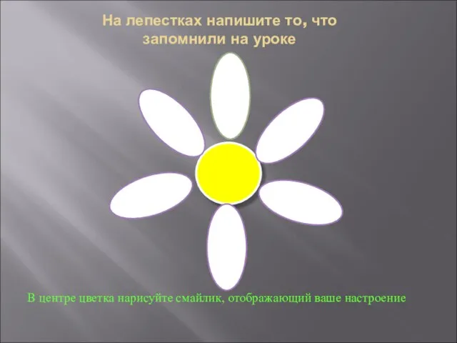 На лепестках напишите то, что запомнили на уроке В центре цветка нарисуйте смайлик, отображающий ваше настроение