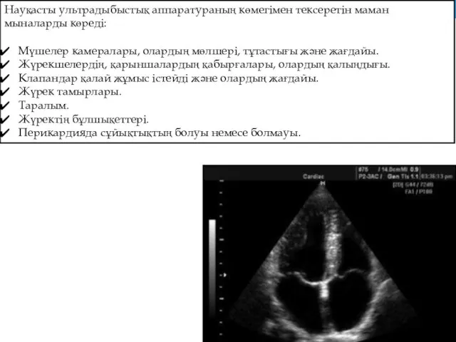 Науқасты ультрадыбыстық аппаратураның көмегімен тексеретін маман мыналарды көреді: Мүшелер камералары, олардың мөлшері,