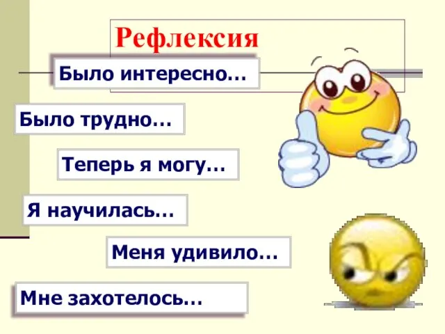 Рефлексия Было интересно… Было трудно… Теперь я могу… Я научилась… Меня удивило… Мне захотелось…