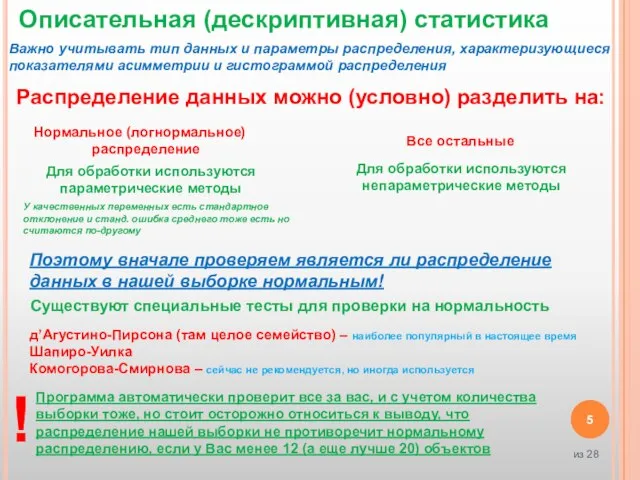 Описательная (дескриптивная) статистика Важно учитывать тип данных и параметры распределения, характеризующиеся показателями