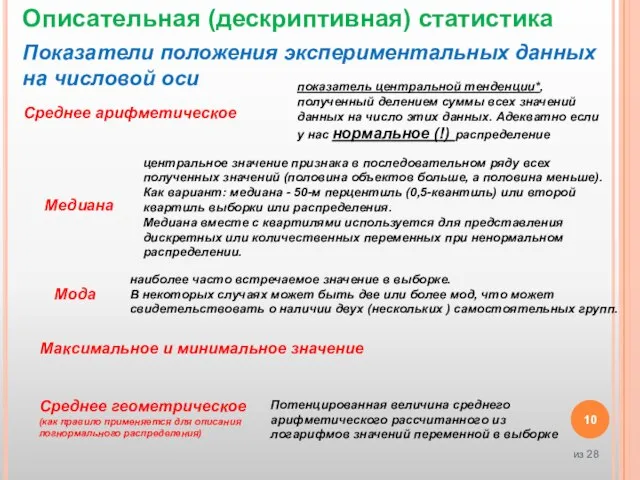 Описательная (дескриптивная) статистика Показатели положения экспериментальных данных на числовой оси наиболее часто