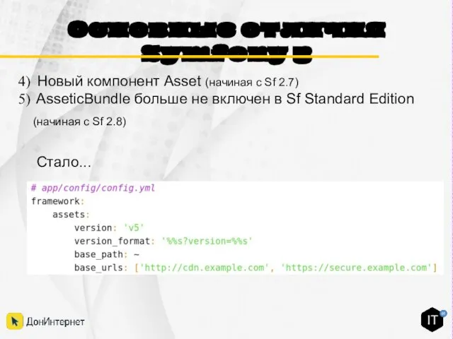 Основные отличия Symfony 3 Стало... Новый компонент Asset (начиная с Sf 2.7)
