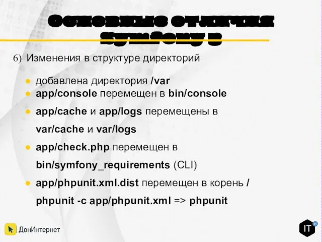 Основные отличия Symfony 3 Изменения в структуре директорий добавлена директория /var app/console