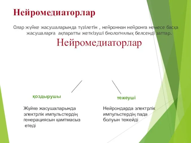 Нейромедиаторлар Олар жүйке жасушаларында түзілетін , нейроннан нейронға немесе басқа жасушаларға ақпаратты