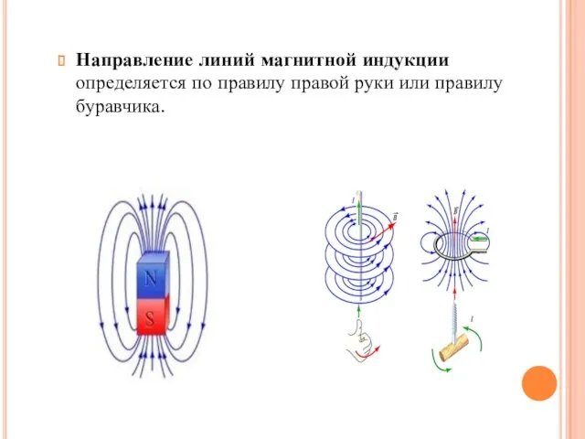 Направление линий магнитной индукции определяется по правилу правой руки или правилу буравчика.