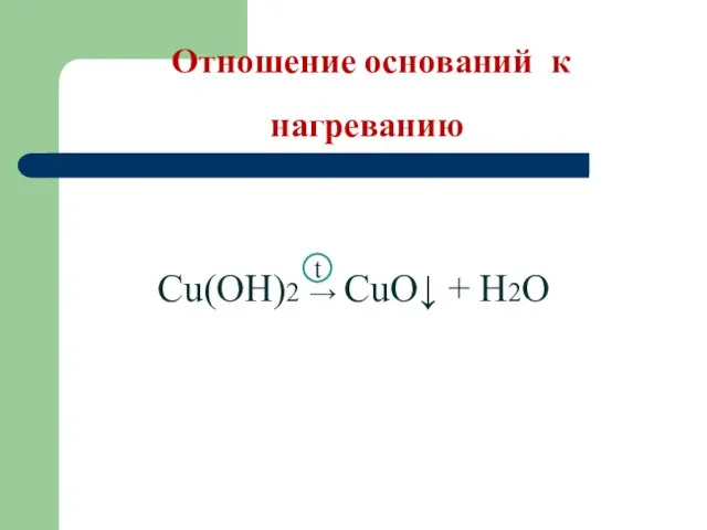 Отношение оснований к нагреванию Cu(OH)2 → CuO↓ + H2O t