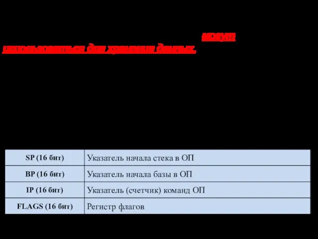 Специальные регистры SP, BP – указатель и база стека, соответственно, обеспечивают доступ