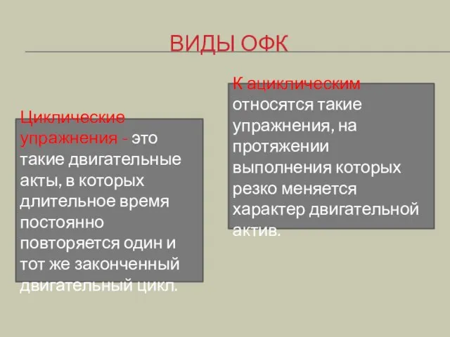 ВИДЫ ОФК Циклические упражнения - это такие двигательные акты, в которых длительное