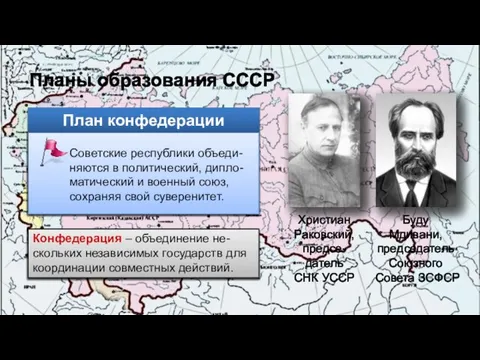 Планы образования СССР Христиан Раковский, предсе-датель СНК УССР План конфедерации Советские республики