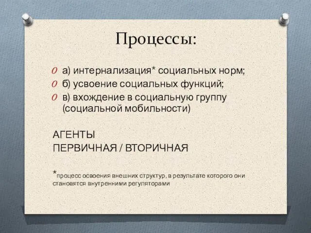 Процессы: а) интернализация* социальных норм; б) усвоение социальных функций; в) вхождение в