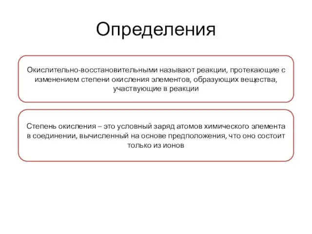 Определения Окислительно-восстановительными называют реакции, протекающие с изменением степени окисления элементов, образующих вещества,