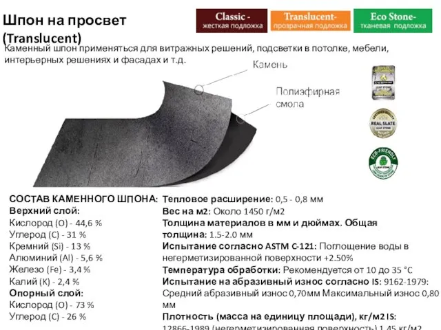 Каменный шпон применяться для витражных решений, подсветки в потолке, мебели, интерьерных решениях