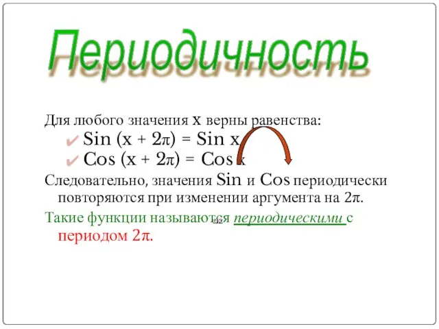 Для любого значения x верны равенства: Sin (x + 2π) = Sin