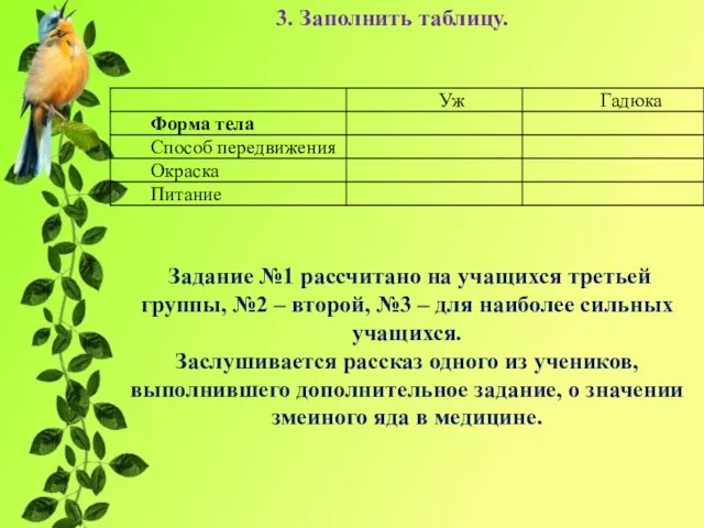 3. Заполнить таблицу. Задание №1 рассчитано на учащихся третьей группы, №2 –