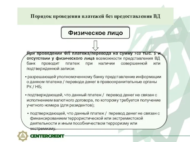 Порядок проведения платежей без предоставления ВД Физическое лицо При проведении ФЛ платежа/перевода