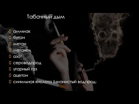 Табачный дым аммиак бутан метан метанол азот сероводород угарный газ ацетон синильная кислота (цианистый водород)