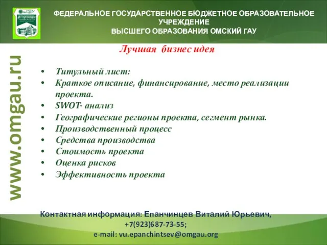 ФЕДЕРАЛЬНОЕ ГОСУДАРСТВЕННОЕ БЮДЖЕТНОЕ ОБРАЗОВАТЕЛЬНОЕ УЧРЕЖДЕНИЕ ВЫСШЕГО ОБРАЗОВАНИЯ ОМСКИЙ ГАУ Лучшая бизнес идея