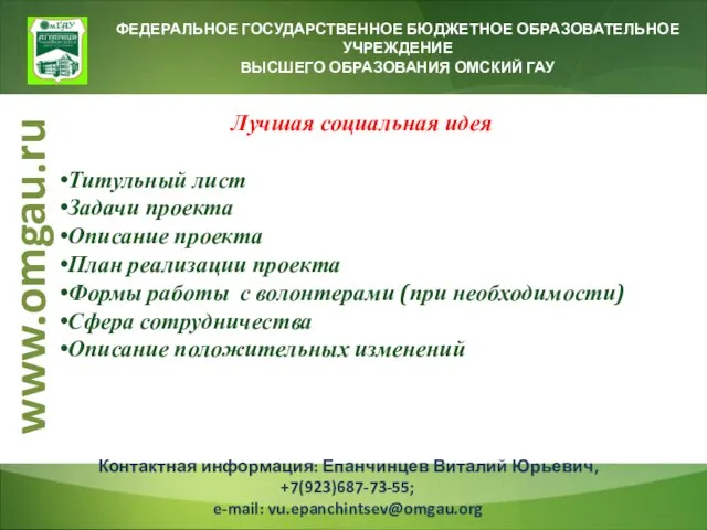 ФЕДЕРАЛЬНОЕ ГОСУДАРСТВЕННОЕ БЮДЖЕТНОЕ ОБРАЗОВАТЕЛЬНОЕ УЧРЕЖДЕНИЕ ВЫСШЕГО ОБРАЗОВАНИЯ ОМСКИЙ ГАУ Лучшая социальная идея