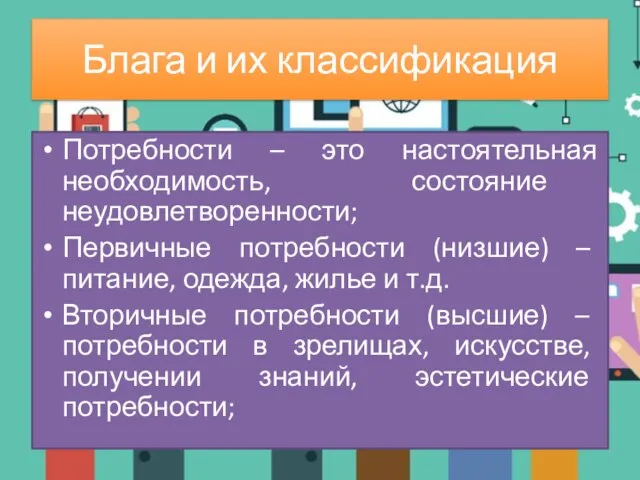 Блага и их классификация Потребности – это настоятельная необходимость, состояние неудовлетворенности; Первичные