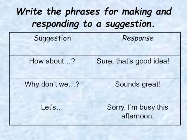 Write the phrases for making and responding to a suggestion.