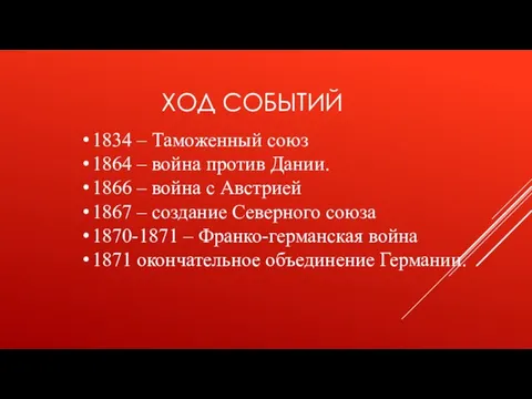 ХОД СОБЫТИЙ 1834 – Таможенный союз 1864 – война против Дании. 1866