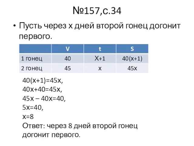 №157,с.34 Пусть через х дней второй гонец догонит первого. 40(х+1)=45х, 40х+40=45х, 45х