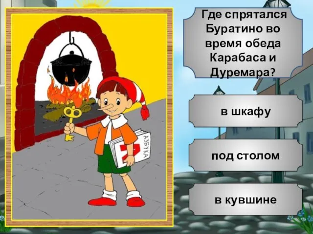 под столом в кувшине в шкафу Где спрятался Буратино во время обеда Карабаса и Дуремара?