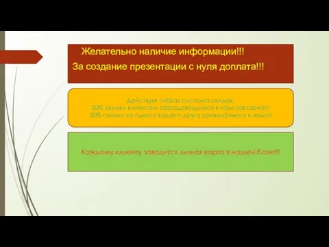 Желательно наличие информации!!! За создание презентации с нуля доплата!!! Действует гибкая система