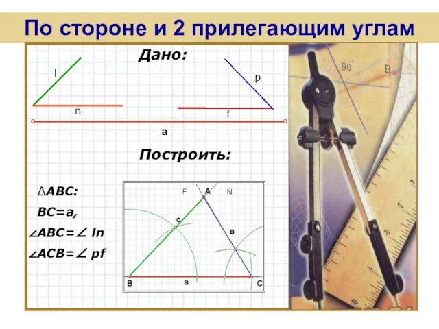 a Дано: Построить: ∆ABC: BC=a, АВС=∠ ln ACB=∠ pf По стороне и