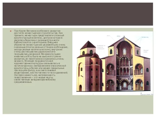 При Карле Великом особенного развития достигло монастырское строительство. Как правило, монастыри представляли