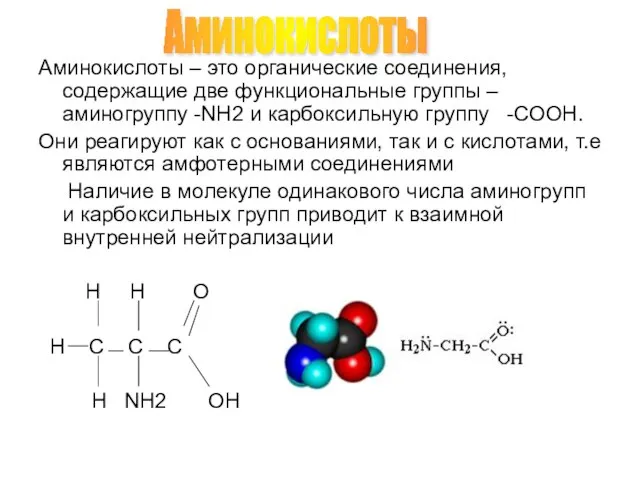 Аминокислоты – это органические соединения, содержащие две функциональные группы – аминогруппу -NH2