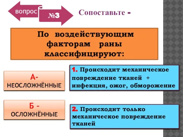 Сопоставьте - По воздействующим факторам раны классифицируют: А- НЕОСЛОЖНЁННЫЕ Б – ОСЛОЖНЁННЫЕ