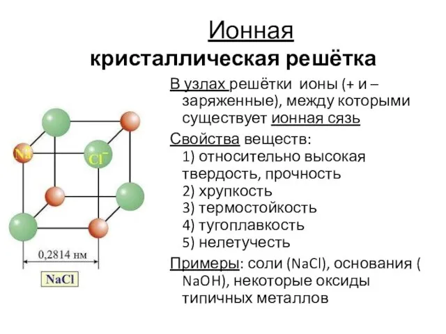 Ионная кристаллическая решётка В узлах решётки ионы (+ и – заряженные), между