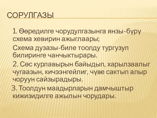 СОРУЛГАЗЫ 1. Ѳѳредилге чорудулгазынга янзы-бүрү схема хевирин ажыглаары; Схема дузазы-биле тоолду тургузуп